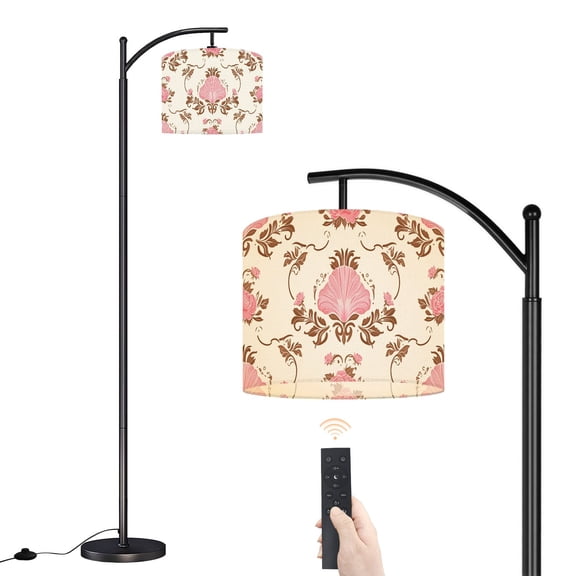 Arc Floor Lamp with Adjustable Lampshade Floral Damask Pink Vintage Roses Leaves Swirls Ornate Standing Lamp 3 Color Temperatures Dimmable Tall Pole Lamp with Foot Switch for Bedroom