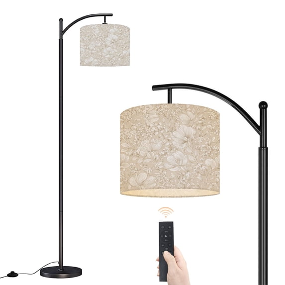 Arc Floor Lamp with Adjustable Lampshade Floral Design Soft Beige Elegant White Flowers Standing Lamp 3 Color Temperatures Dimmable Tall Pole Lamp with Foot Switch Bedroom Farmhouse Decor