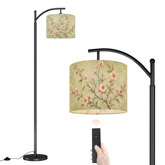 Arc Floor Lamp with Adjustable Lampshade Floral Flower Tree Modern Sage Green Decorative Floral Branches Cherry Standing Lamp 3 Color Temperatures Dimmable Tall Pole Lamp with Foot Switch for Bedroom