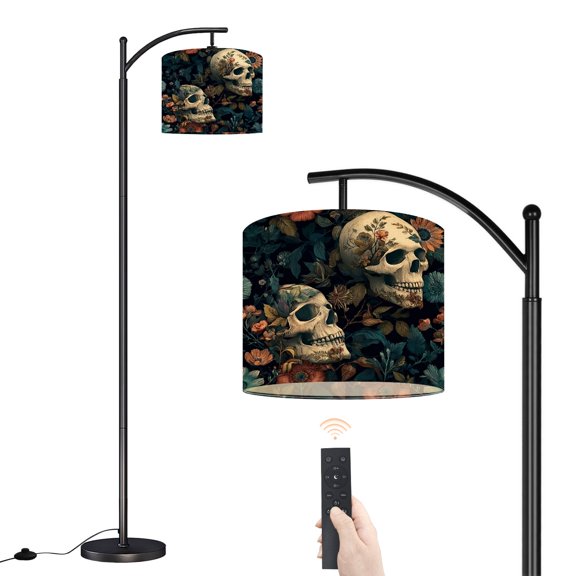 Arc Floor Lamp with Adjustable Lampshade Floral Skulls Dark Botanical Vintage Gothic Style Standing Lamp 3 Color Temperatures Dimmable Tall Pole Lamp with Foot Switch for Bedroom Reading Room