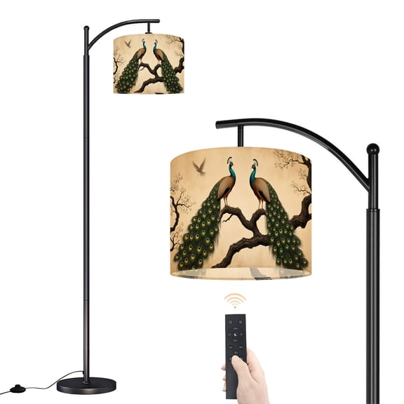 Arc Floor Lamp with Adjustable Lampshade Floral Vintage Green Peacock Geometric Birds Abstract Trees Standing Lamp 3 Color Temperatures Dimmable Tall Pole Lamp with Foot Switch for Bedroom