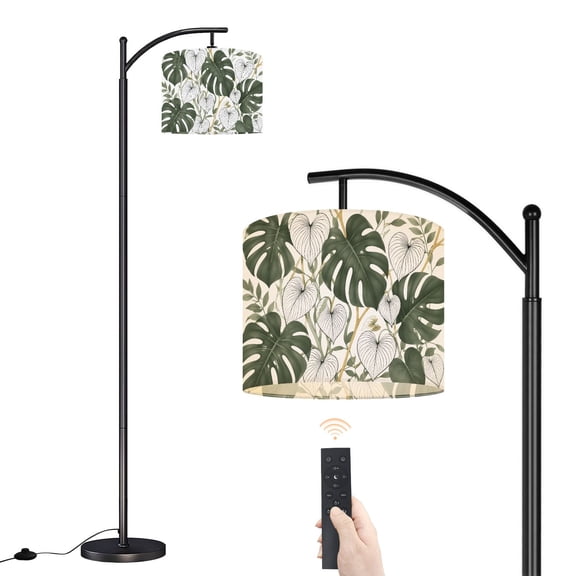 Arc Floor Lamp with Adjustable Lampshade Floral seamless green black white split leaf Philodendron plant vines Standing Lamp 3 Color Temperatures Dimmable Tall Pole Lamp with Foot Switch for Bedroom