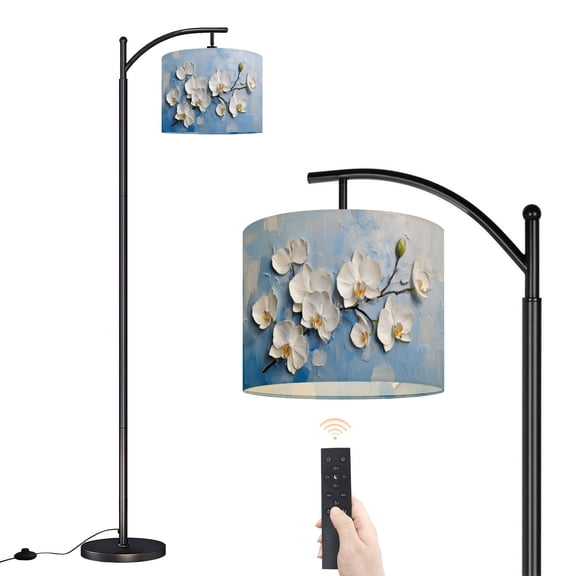 Arc Floor Lamp with Adjustable Lampshade Flower Gray White Blue Floral Flowers Yellow Centers Branch Standing Lamp 3 Color Temperatures Dimmable Tall Pole Lamp with Foot Switch for Bedroom