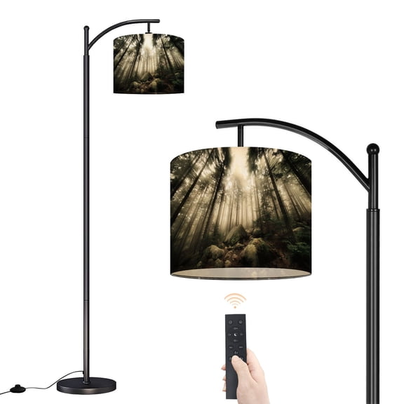 Arc Floor Lamp with Adjustable Lampshade Foggy Pine Forest Light Rays Hyper Realistic Art Standing Lamp 3 Color Temperatures Dimmable Tall Pole Lamp with Foot Switch for Bedroom