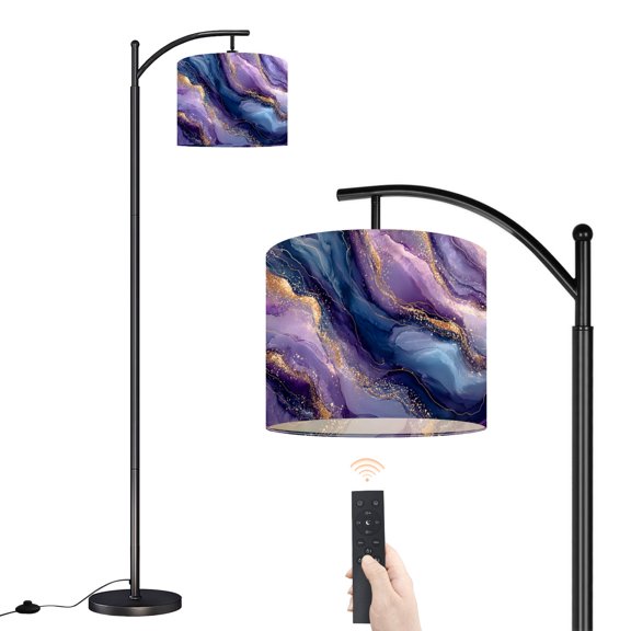 Arc Floor Lamp with Adjustable Lampshade Glamorous Purple Blue Agate Marble Gold Glitter Swirls Standing Lamp 3 Color Temperatures Dimmable Tall Pole Lamp with Foot Switch for Bedroom