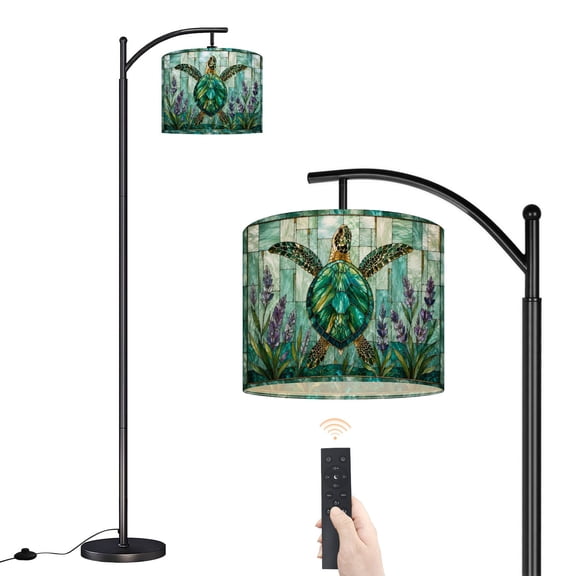 Arc Floor Lamp with Adjustable Lampshade Graceful Teal Stained Glass Sea Turtle Illustrated Anemones Standing Lamp 3 Color Temperatures Dimmable Tall Pole Lamp with Foot Switch for Bedroom