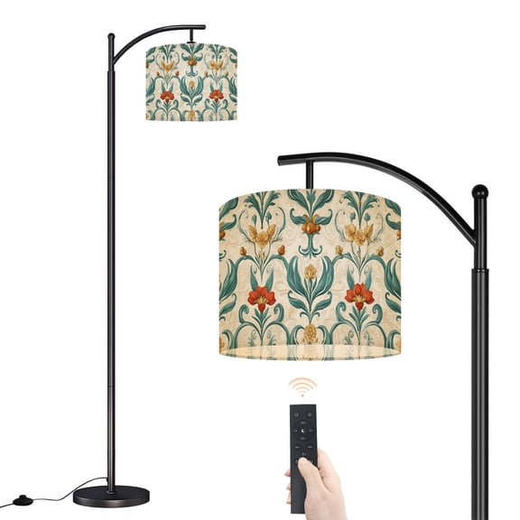Arc Floor Lamp with Adjustable Lampshade Green Damask Victorian Vintage Floral Patterns Teal Leaves Standing Lamp 3 Color Temperatures Dimmable Tall Pole Lamp with Foot Switch for Bedroom