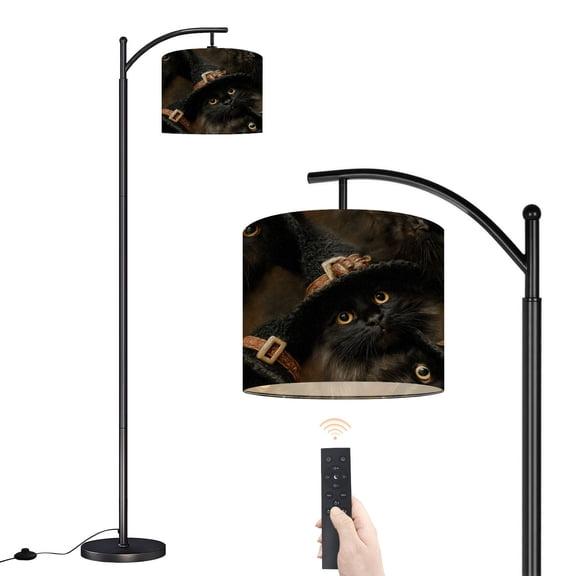 Arc Floor Lamp with Adjustable Lampshade Halloween Vintage Gothic Witchy Dark Academia Ghost Black Cat Witch Standing Lamp 3 Color Temperatures Dimmable Tall Pole Lamp with Foot Switch for Bedroom