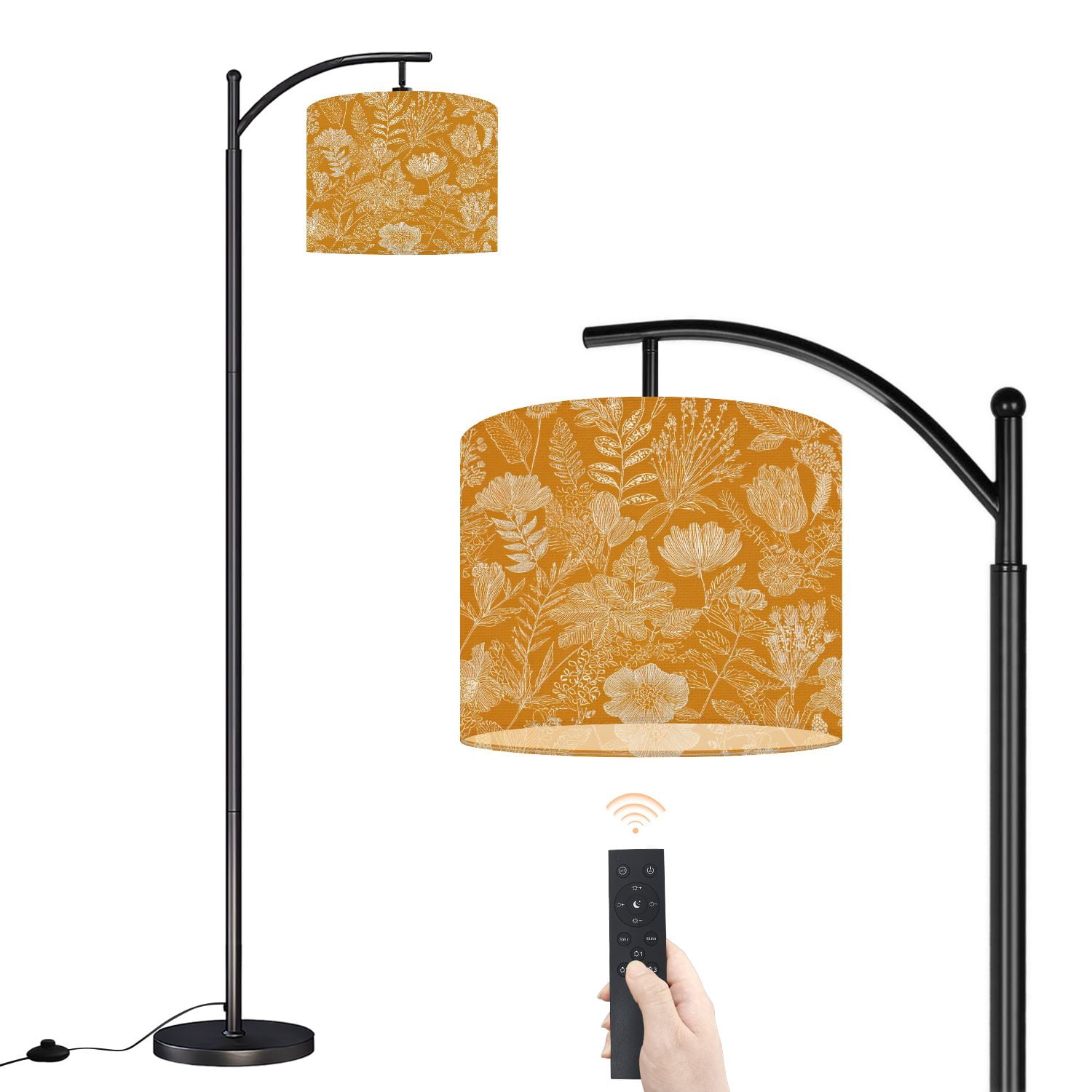Arc Floor Lamp with Adjustable Lampshade Hand Drawn Floral White ...
