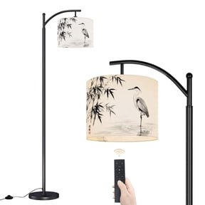 Arc Floor Lamp with Adjustable Lampshade Heron bamboo tree Traditional oriental ink painting sumi e u sin go Standing Lamp 3 Color Temperatures Dimmable Tall Pole Lamp with Foot Switch for Bedroom
