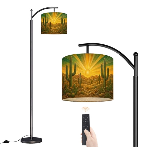 Arc Floor Lamp with Adjustable Lampshade Intricate Tribal Tattoo Style Cacti Stained Glass Artwork Standing Lamp 3 Color Temperatures Dimmable Tall Pole Lamp with Foot Switch for Bedroom