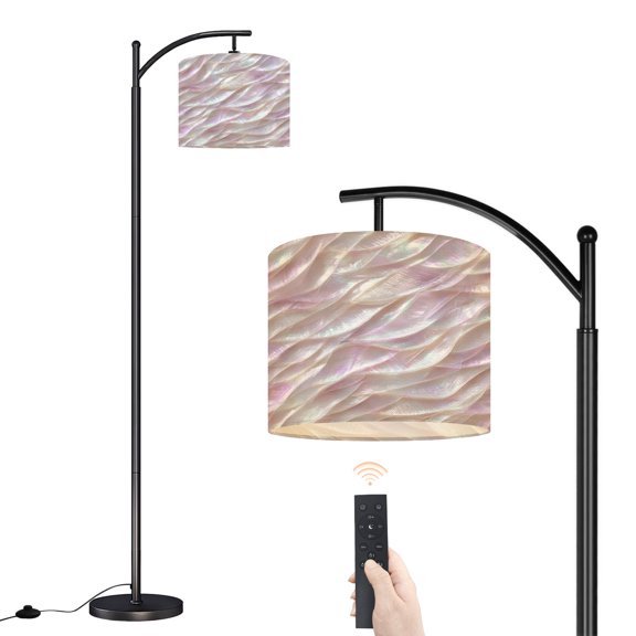 Arc Floor Lamp with Adjustable Lampshade Iridescent Mother Pearl Texture Soft Pink Pearl White Shimmer Standing Lamp 3 Color Temperatures Dimmable Tall Pole Lamp with Foot Switch for Bedroom