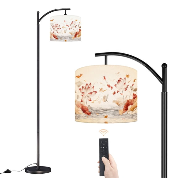 Arc Floor Lamp with Adjustable Lampshade Korean Folk Art Lotus Autumn Leaves Print Standing Lamp 3 Color Temperatures Dimmable Tall Pole Lamp with Foot Switch for Bedroom