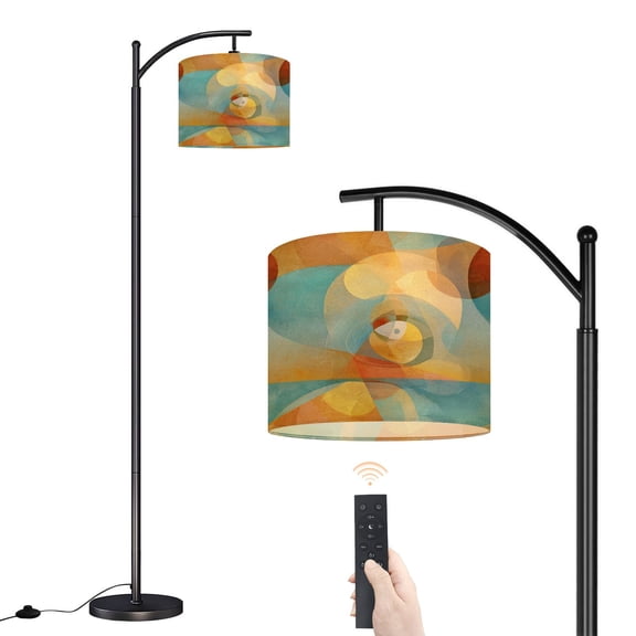 Arc Floor Lamp with Adjustable Lampshade Layered Geometric Circles Triangles Rectangles Art Standing Lamp 3 Color Temperatures Dimmable Tall Pole Lamp with Foot Switch for Bedroom