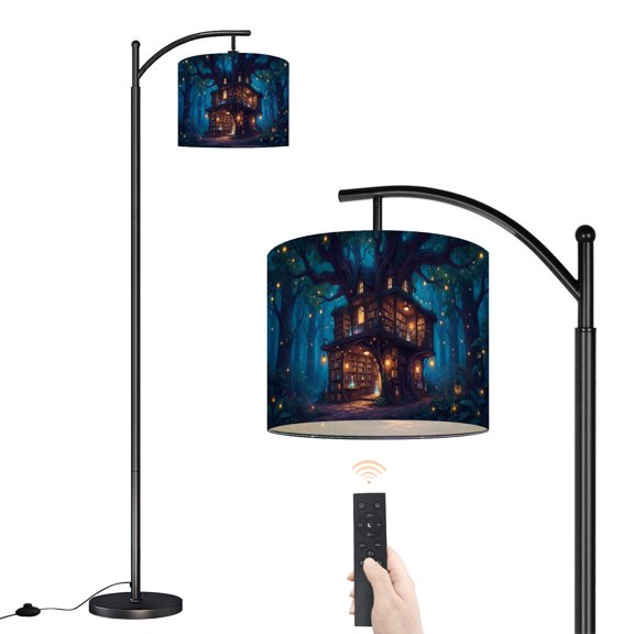 Arc Floor Lamp with Adjustable Lampshade Magical Forest Library Shop Built into Ancient Tree Standing Lamp 3 Color Temperatures Dimmable Tall Pole Lamp with Foot Switch for Bedroom