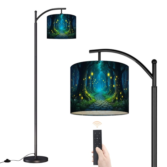 Arc Floor Lamp with Adjustable Lampshade Magical Forest Pathway Glowing Fireflies Greenery Standing Lamp 3 Color Temperatures Dimmable Tall Pole Lamp with Foot Switch for Bedroom