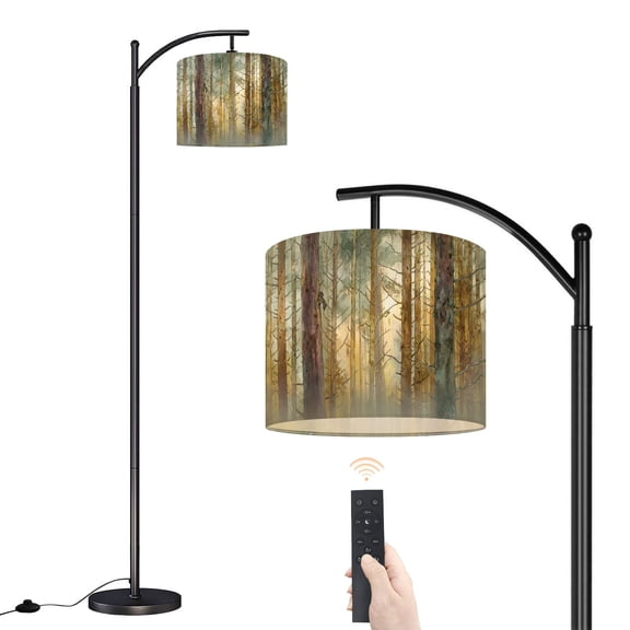 Arc Floor Lamp with Adjustable Lampshade Mixed Media Pine Forest Scene Golden Rays Standing Lamp 3 Color Temperatures Dimmable Tall Pole Lamp with Foot Switch for Bedroom
