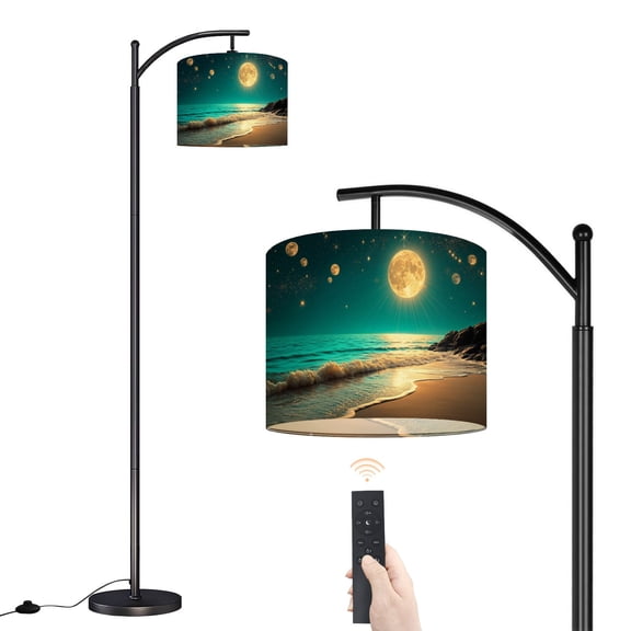 Arc Floor Lamp with Adjustable Lampshade Moon Beach Seaside Moonlight Ocean Stars Planets Painting Standing Lamp 3 Color Temperatures Dimmable Tall Pole Lamp with Foot Switch for Bedroom