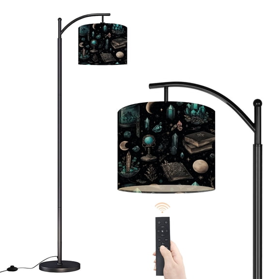 Arc Floor Lamp with Adjustable Lampshade Mystical Crystals Occult Symbols Moons Books Celestial Objects Standing Lamp 3 Color Temperatures Dimmable Tall Pole Lamp with Foot Switch for Bedroom