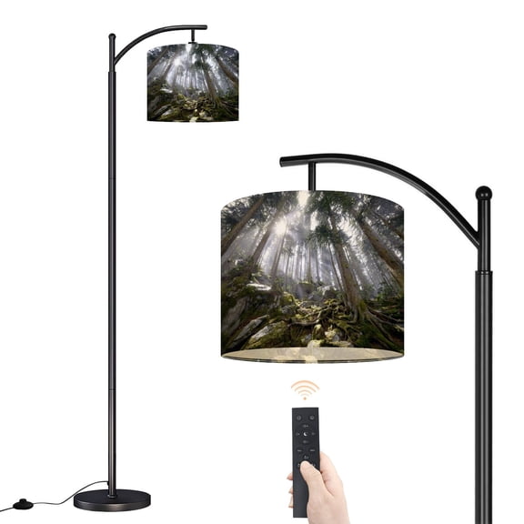 Arc Floor Lamp with Adjustable Lampshade Mystical Forest Scene Mossy Rocks Luminous Highlights Standing Lamp 3 Color Temperatures Dimmable Tall Pole Lamp with Foot Switch for Bedroom