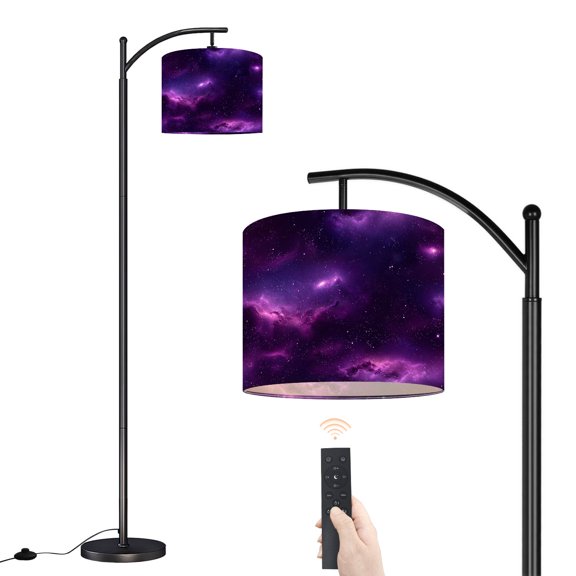 Arc Floor Lamp with Adjustable Lampshade Mystical Purple Nebula Deep Space Starry Standing Lamp 3 Color Temperatures Dimmable Tall Pole Lamp with Foot Switch for Bedroom Reading Room