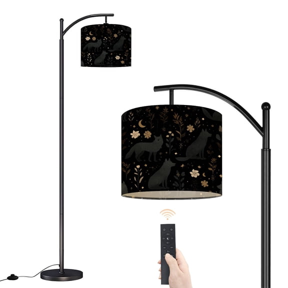 Arc Floor Lamp with Adjustable Lampshade Mystical Wolves Floral Night Gold Black Design Standing Lamp 3 Color Temperatures Dimmable Tall Pole Lamp with Foot Switch for Bedroom