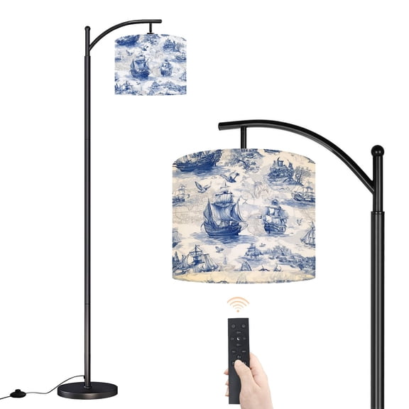 Arc Floor Lamp with Adjustable Lampshade Nautical Blue White Toile Sailing Ships Birds Maps Standing Lamp 3 Color Temperatures Dimmable Tall Pole Lamp with Foot Switch for Bedroom