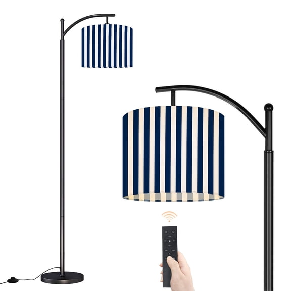 Arc Floor Lamp with Adjustable Lampshade Navy Blue White Stripes Seamless Vertical navy blue white stripes Standing Lamp 3 Color Temperatures Dimmable Tall Pole Lamp with Foot Switch for Bedroom
