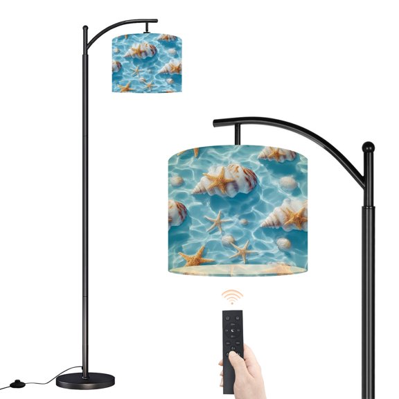 Arc Floor Lamp with Adjustable Lampshade Ocean Shells Starfish Floating Clear Blue Water Standing Lamp 3 Color Temperatures Dimmable Tall Pole Lamp with Foot Switch for Bedroom