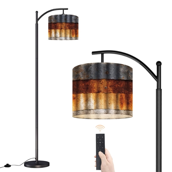 Arc Floor Lamp with Adjustable Lampshade Old Rusty Galvanized Metal Panel Surface Corrosion Rust Standing Lamp 3 Color Temperatures Dimmable Tall Pole Lamp with Foot Switch for Bedroom