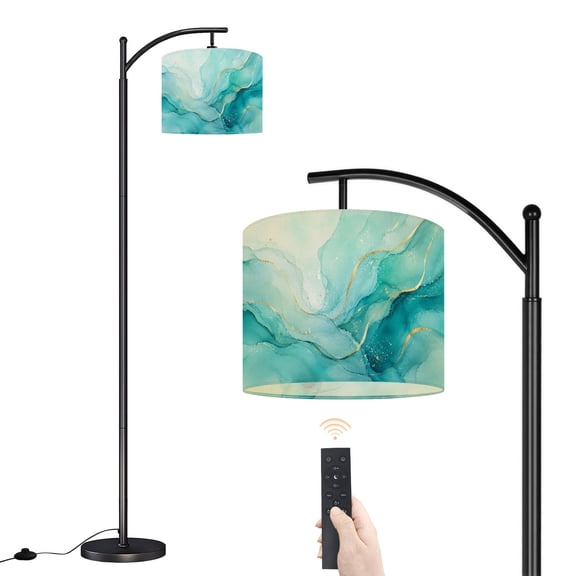 Arc Floor Lamp with Adjustable Lampshade Pastel cyan mint liquid marble watercolor white lines brush stains Standing Lamp 3 Color Temperatures Dimmable Tall Pole Lamp with Foot Switch for Bedroom