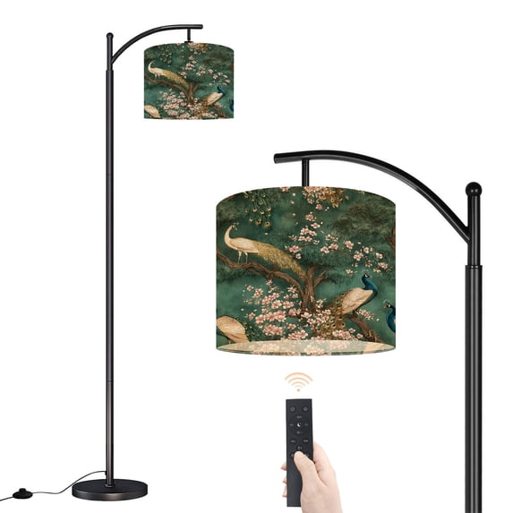 Arc Floor Lamp with Adjustable Lampshade Peacocks Blossom Trees Vibrant Feathers Green Standing Lamp 3 Color Temperatures Dimmable Tall Pole Lamp with Foot Switch for Bedroom