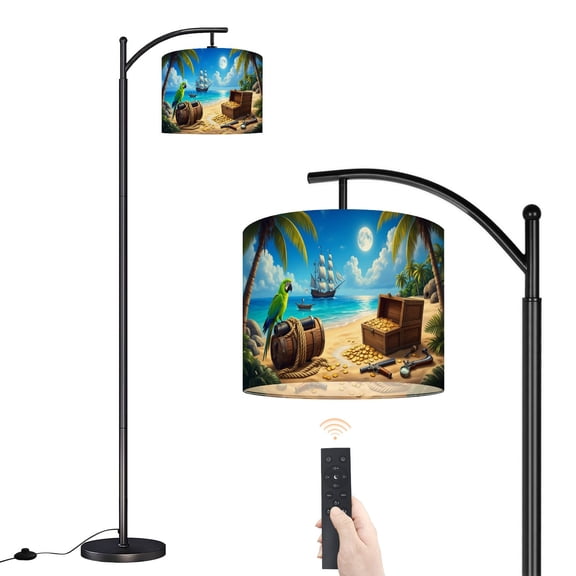 Arc Floor Lamp with Adjustable Lampshade Pirate Ship Treasure Tropical Beach Palm Trees Treasure Standing Lamp 3 Color Temperatures Dimmable Tall Pole Lamp with Foot Switch for Bedroom