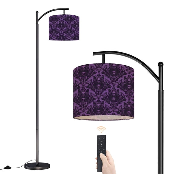Arc Floor Lamp with Adjustable Lampshade Purple Skull Damask Intricate Gothic Design Standing Lamp 3 Color Temperatures Dimmable Tall Pole Lamp with Foot Switch for Bedroom