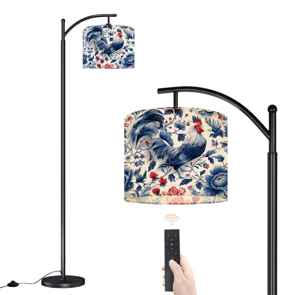 Arc Floor Lamp with Adjustable Lampshade Rooster Floral Blue Red Vintage Botanical Style Standing Lamp 3 Color Temperatures Dimmable Tall Pole Lamp with Foot Switch Remote Control for Bedroom