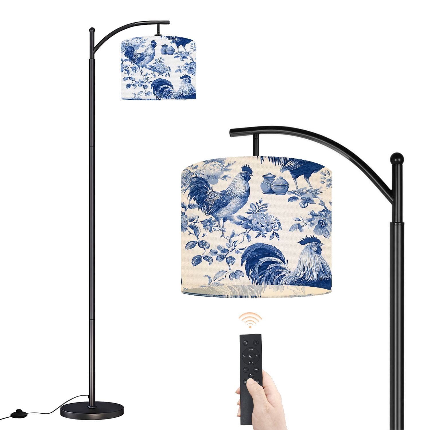 Arc Floor Lamp with Adjustable Lampshade Roosters Chickens Blue White ...