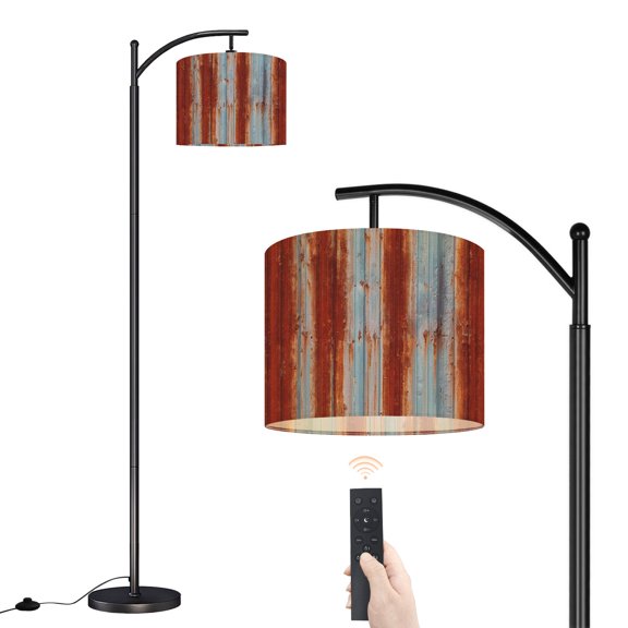 Arc Floor Lamp with Adjustable Lampshade Rusted Corrugated Metal Wall Weathered Blue Orange Stripes Standing Lamp 3 Color Temperatures Dimmable Tall Pole Lamp with Foot Switch for Bedroom