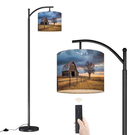 Arc Floor Lamp with Adjustable Lampshade Rustic Farmhouse Vintage Barn Country Field Landscape Rustic Standing Lamp 3 Color Temperatures Dimmable Tall Pole Lamp with Foot Switch for Bedroom