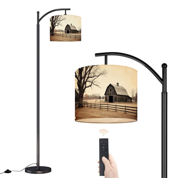 Arc Floor Lamp with Adjustable Lampshade Rustic Farmhouse Vintage Barn Country Field Landscape Rustic Standing Lamp 3 Color Temperatures Dimmable Tall Pole Lamp with Foot Switch for Bedroom