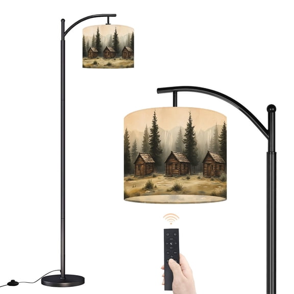 Arc Floor Lamp with Adjustable Lampshade Rustic Log Cabins Serene Forest Landscape Majestic Standing Lamp 3 Color Temperatures Dimmable Tall Pole Lamp with Foot Switch for Bedroom