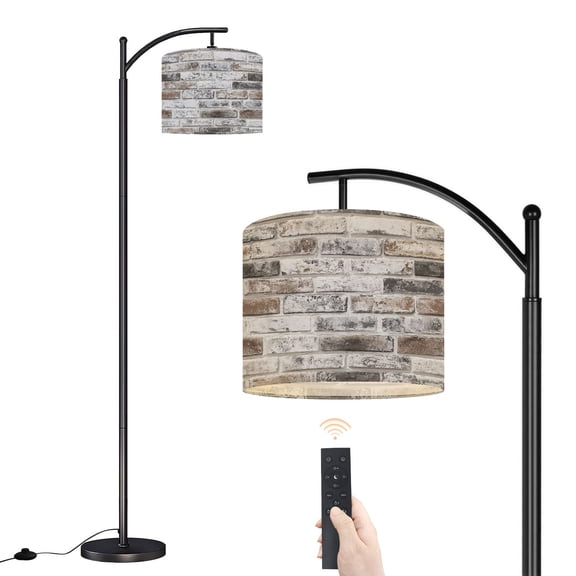 Arc Floor Lamp with Adjustable Lampshade Rustic Whitewashed Brick Wall Brown Grey Accents Standing Lamp 3 Color Temperatures Dimmable Tall Pole Lamp with Foot Switch Bedroom Farmhouse Decor