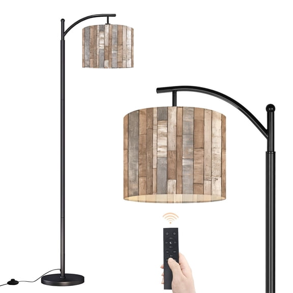 Arc Floor Lamp with Adjustable Lampshade Rustic Wood Plank Weathered Brown Gray White Tones Standing Lamp 3 Color Temperatures Dimmable Tall Pole Lamp with Foot Switch for Bedroom