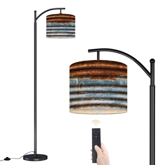 Arc Floor Lamp with Adjustable Lampshade Rusty Metal Sheet Blue Patina Weathered Texture Standing Lamp 3 Color Temperatures Dimmable Tall Pole Lamp with Foot Switch for Bedroom Industrial Decor
