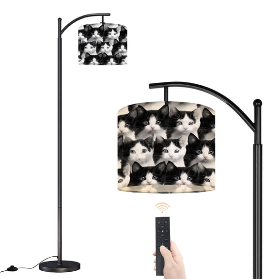 Arc Floor Lamp with Adjustable Lampshade Seamless Adorable Black White Kittens Blue Eyes Standing Lamp 3 Color Temperatures Dimmable Tall Pole Lamp with Foot Switch for Bedroom Living Room
