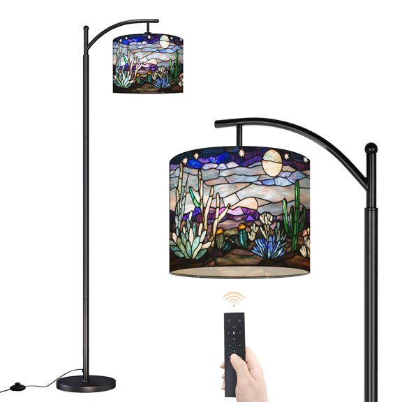 Arc Floor Lamp with Adjustable Lampshade Silvery Cacti Stained Glass Cosmic Desert Design Standing Lamp 3 Color Temperatures Dimmable Tall Pole Lamp with Foot Switch for Bedroom Sofa Beside Corner