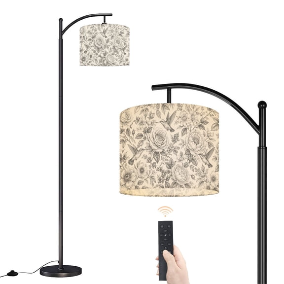 Arc Floor Lamp with Adjustable Lampshade Sketch birds flowers Hummingbirds flowers retro style antique Standing Lamp 3 Color Temperatures Dimmable Tall Pole Lamp with Foot Switch for Bedroom