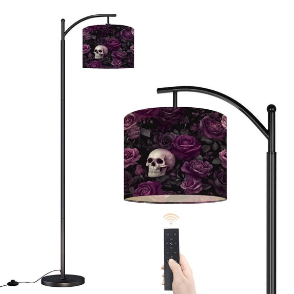 Arc Floor Lamp with Adjustable Lampshade Skull Deep Purple Roses Gothic Floral Black Standing Lamp 3 Color Temperatures Dimmable Tall Pole Lamp with Foot Switch for Bedroom Reading Room