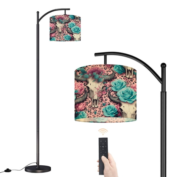 Arc Floor Lamp with Adjustable Lampshade Skull Floral Pink Blue Roses Leopard Print Standing Lamp 3 Color Temperatures Dimmable Tall Pole Lamp with Foot Switch for Bedroom Nursery Room