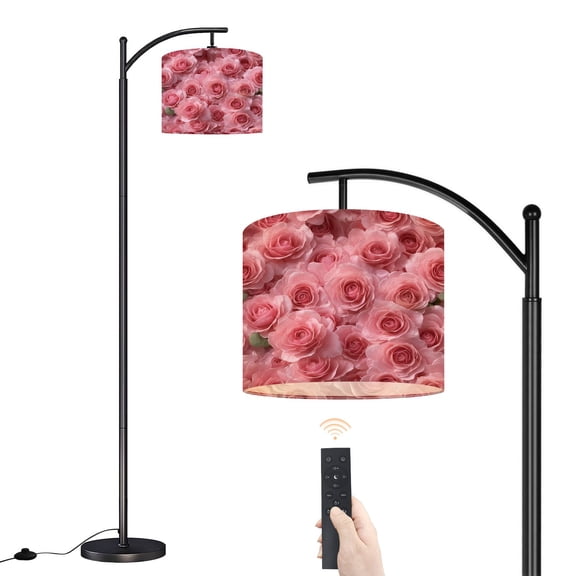 Arc Floor Lamp with Adjustable Lampshade Soft Pink Roses Full Bloom Floral Seamless Standing Lamp 3 Color Temperatures Dimmable Tall Pole Lamp with Foot Switch for Bedroom Living Room