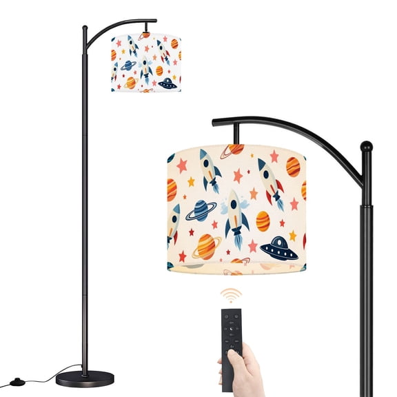 Arc Floor Lamp with Adjustable Lampshade Space Cartoon Planets Rockets Planets Stars UFOs Space Standing Lamp 3 Color Temperatures Dimmable Tall Pole Lamp with Foot Switch for Bedroom